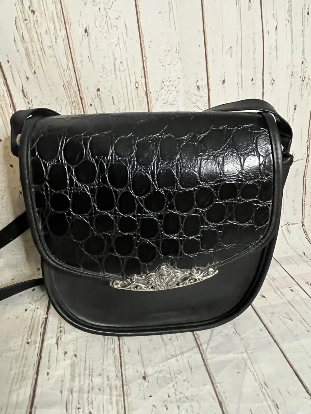 Black Croc Pattern Purse Vintage With Silver Cherub Design